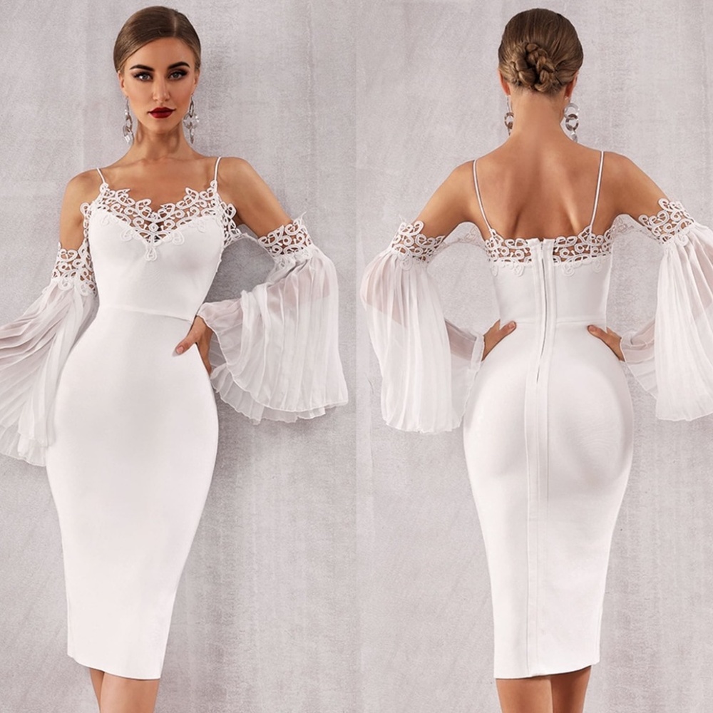 White lace pleated sleeve bandage dress